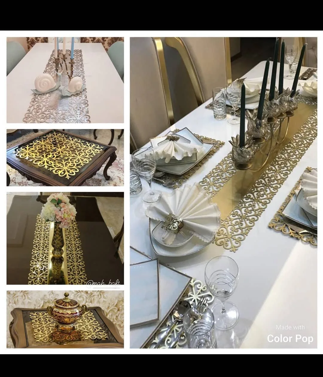 ست رانر و رومیزی طرح گل ریز، رنگ سفید و طلایی، جنس مخمل، طرح هندسی، مستطیلی