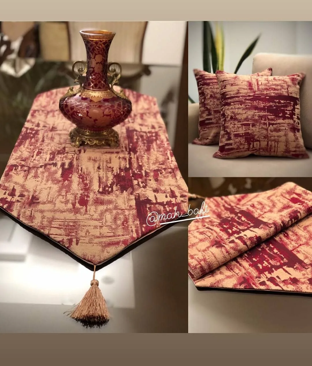 رومیزی مخمل میز یلدا، رنگ قرمز و کرم، مستطیلی منگولهدار