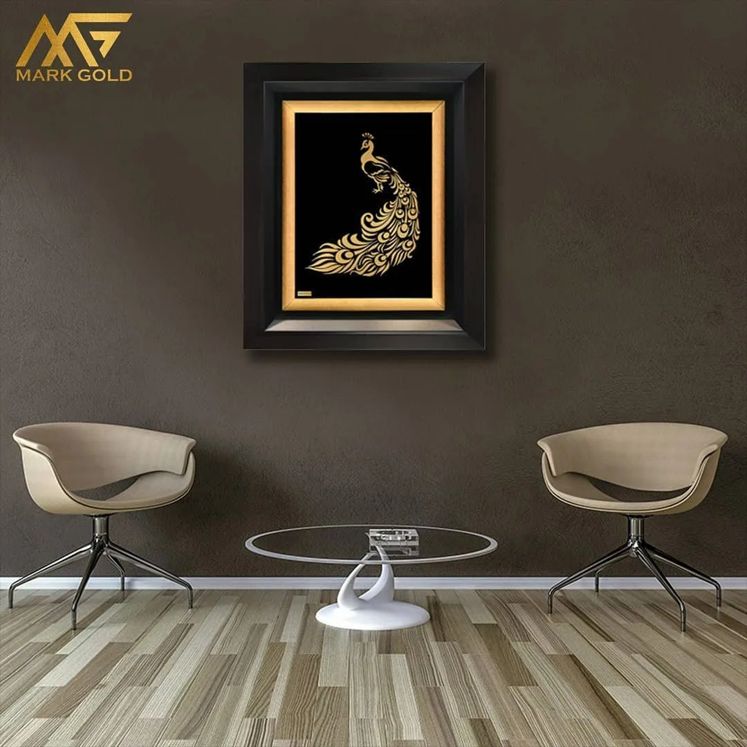 تابلو طلاکوب مرغ هزار رنگ مارک گلد، رنگ مشکی، طلایی و قهوه‌ای، جنس چوب و فلز، طرح هندسی، تابلو دیواری قاب‌دار