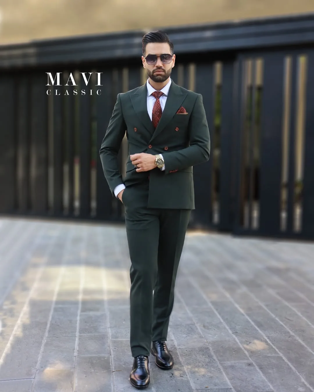 کت و شلوار دبل برست، رنگ سبز تیره، جذب، آستین بلند