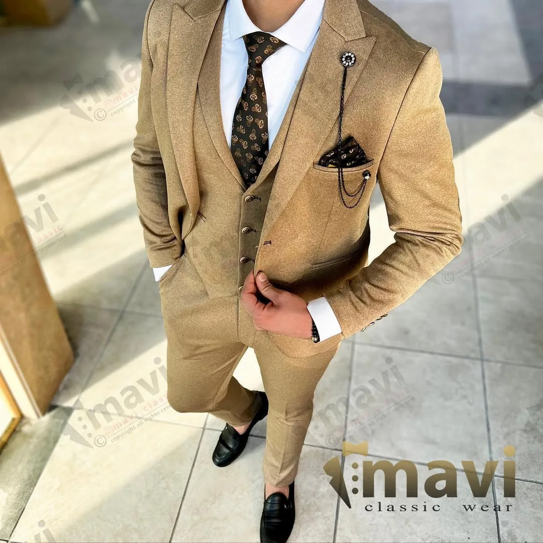 کت و شلوار مردانه، رنگ کرم و قهوهای، کت تک، جلیقه، جذب