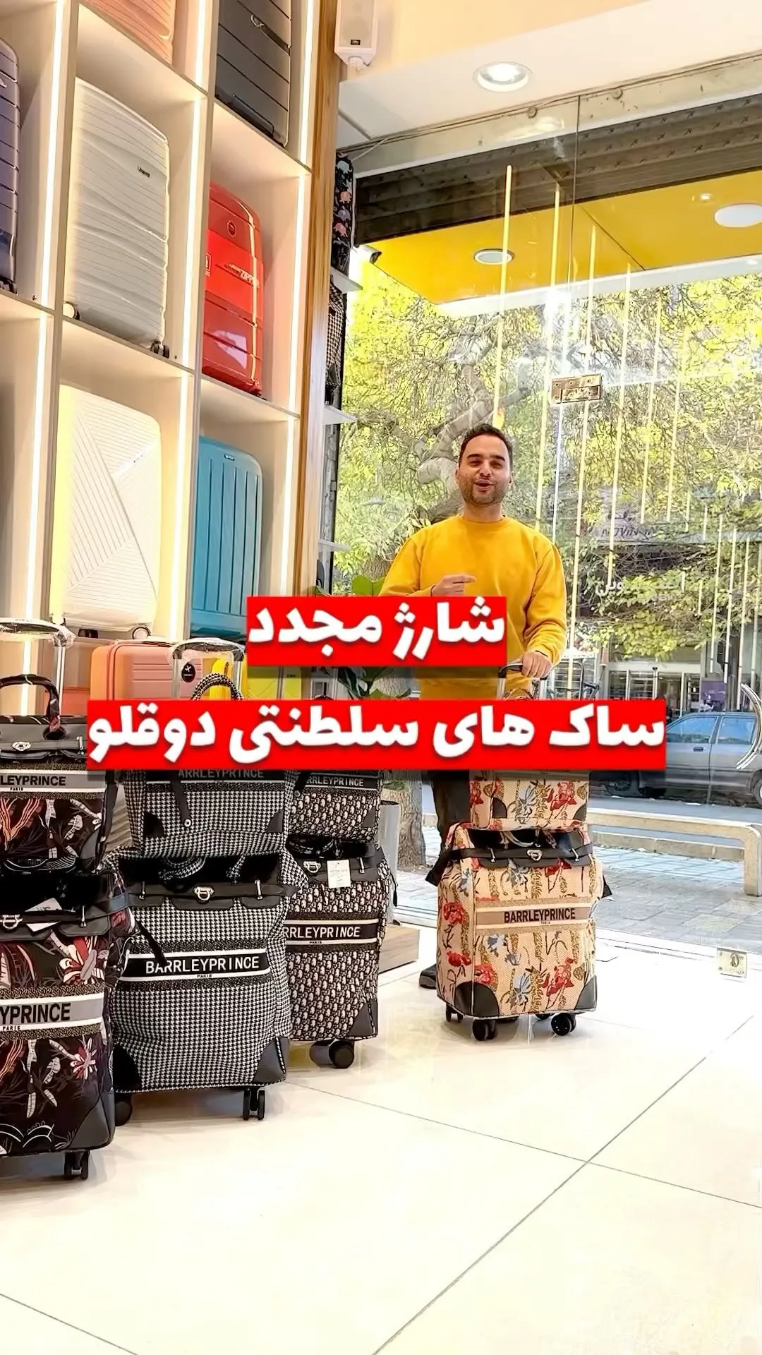 ساک سلطنتی دوقلو چهارچرخ دوبل، رنگ مشکی، قهوه‌ای و کرم، طرح گلدار و هندسی، چرخ‌دار، بزرگ