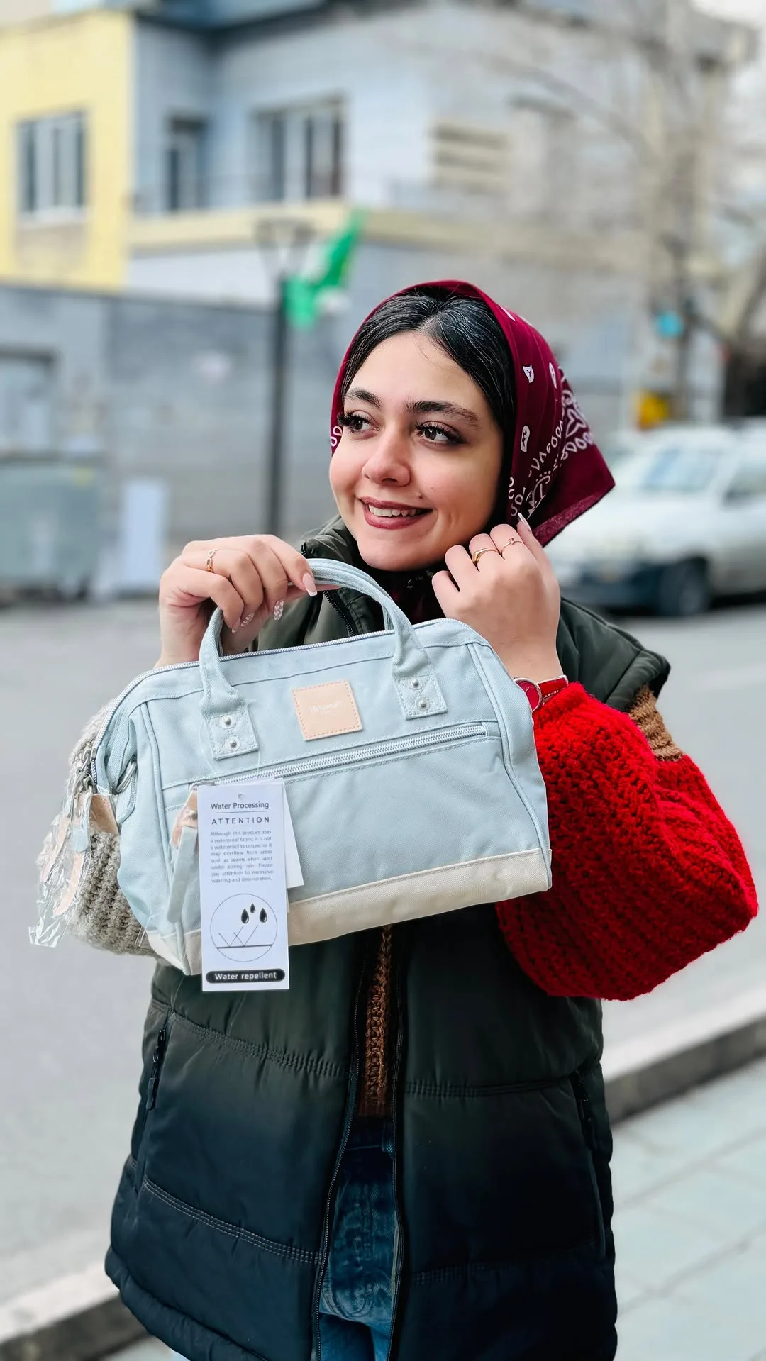 کیف روزانه هیماواری، رنگ آبی روشن و کرم، جنس پارچه، کیف دستی، دو زیپ