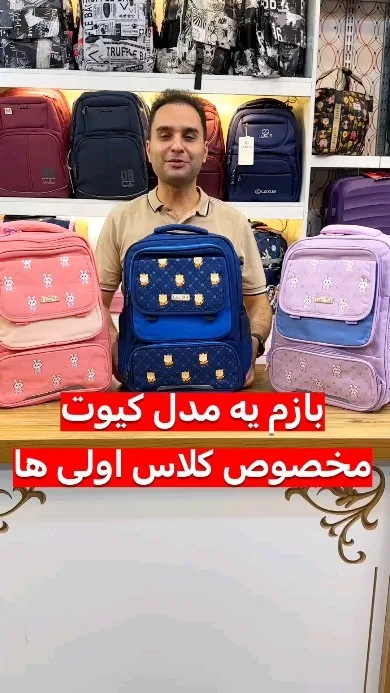 کوله‌پشتی ابتدایی برزنت ضدآب، رنگ آبی، صورتی و بنفش، طرح شخصیت کارتونی، کوله پشتی مدرسه