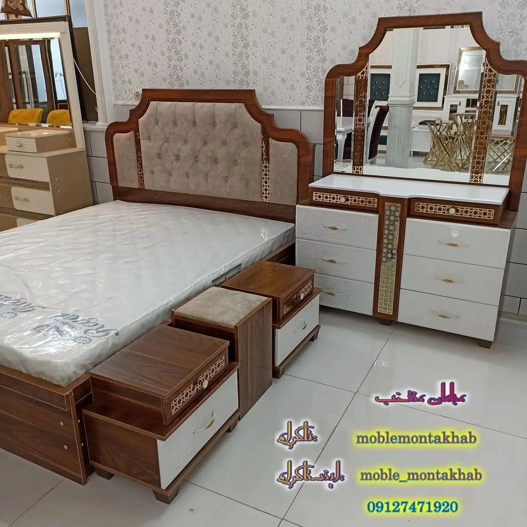 سرویس خواب اطلس سایز ۱۶۰، رنگ قهوه ای و سفید، جنس چوب و پارچه، دو نفره با تاج لمسه‌دوزی