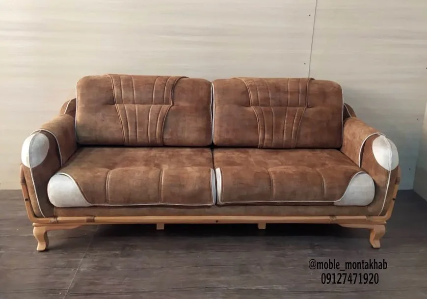 مبل راحتی مدل سارین تخت‌خواب‌شو، رنگ قهوه‌ای و کرم، دو نفره، پایه چوبی