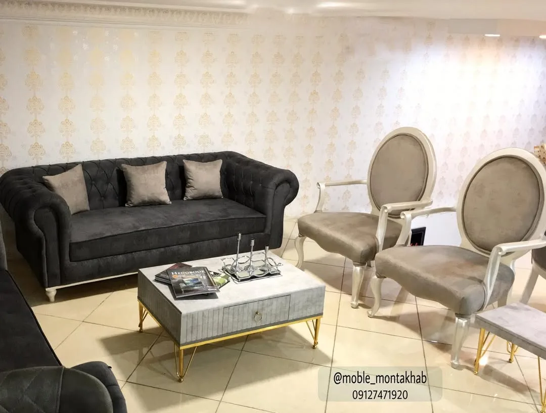 ست مبلمان، رنگ خاکستری و سفید، جنس پارچه و چوب، کلاسیک، مبل و صندلی