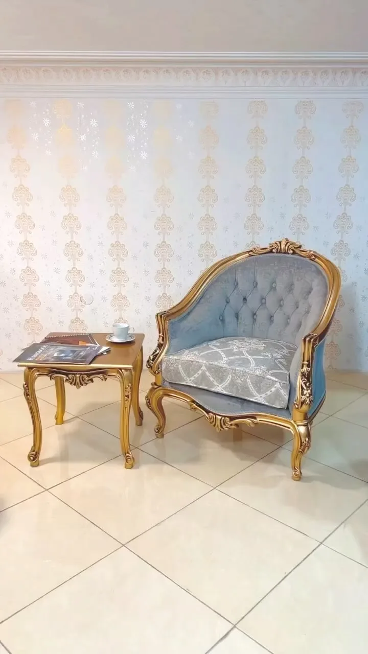 مبل تک رز، رنگ طلایی و خاکستری، جنس چوب و پارچه، صندلی تکنفره سلطنتی