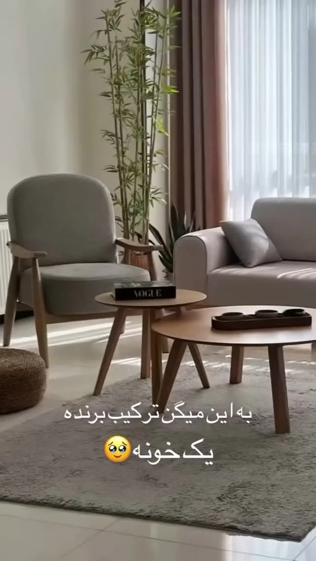 مبل راحتی اقتصادی، رنگ طوسی و قهوه‌ای، جنس پارچه و چوب، صندلی دسته‌دار چوبی