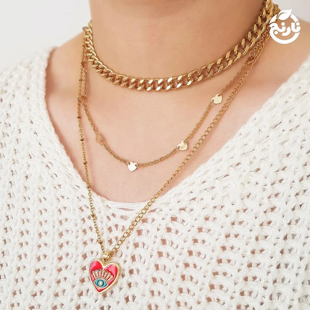 گردنبند، رنگ طلایی، قرمز و آبی، جنس فلز، زنجیر لایه‌لایه با آویز