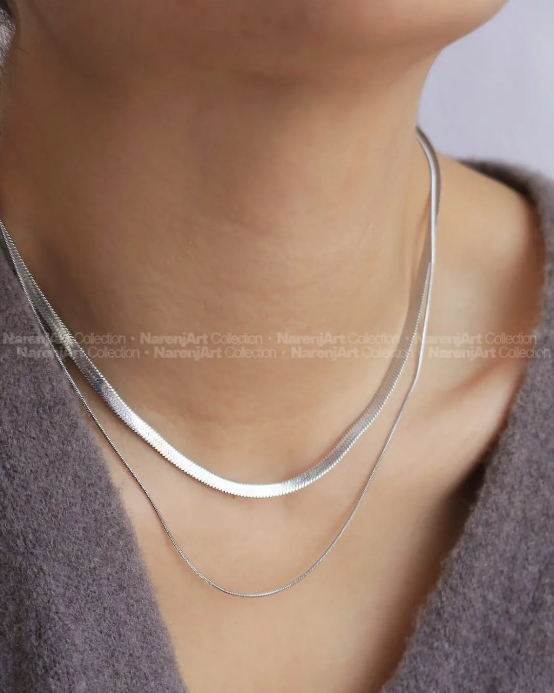 گردنبند دو لاین استیل طلایی، رنگ نقره‌ای، جنس فلز، زنجیر لایه‌لایه