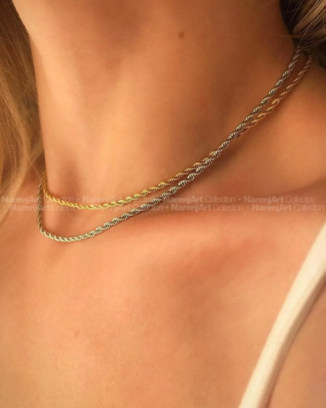 گردنبند طنابی استیل، رنگ طلایی و نقره‌ای، جنس فلز، زنجیر طناب