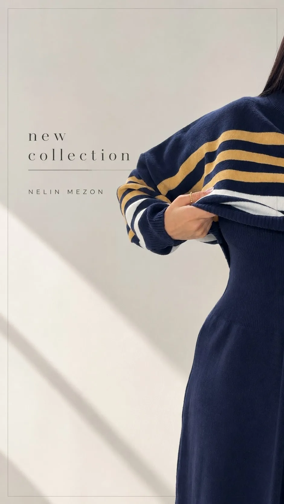 سارافن بافت راهراه، رنگ سرمهای، زرد و سفید، جنس بافتنی، بلوز آستین بلند، دامن جذب