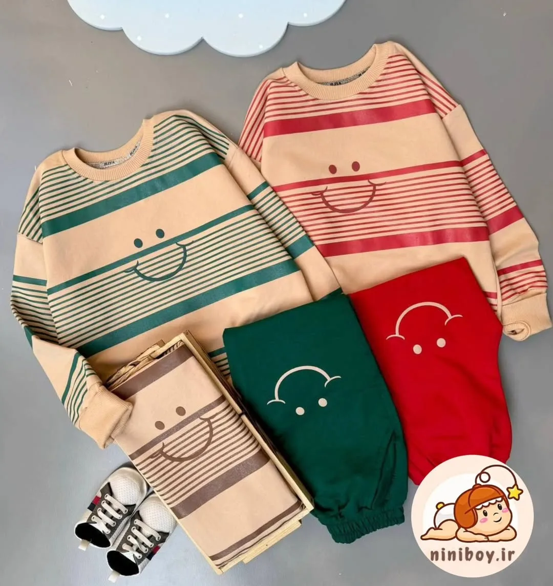 ست بلوز شلوار بچگانه، رنگ کرم، سبز، قرمز و مشکی، جنس دورورس · پنبه، طرح راه‌راه، یقه گرد، آستین بلند، آزاد