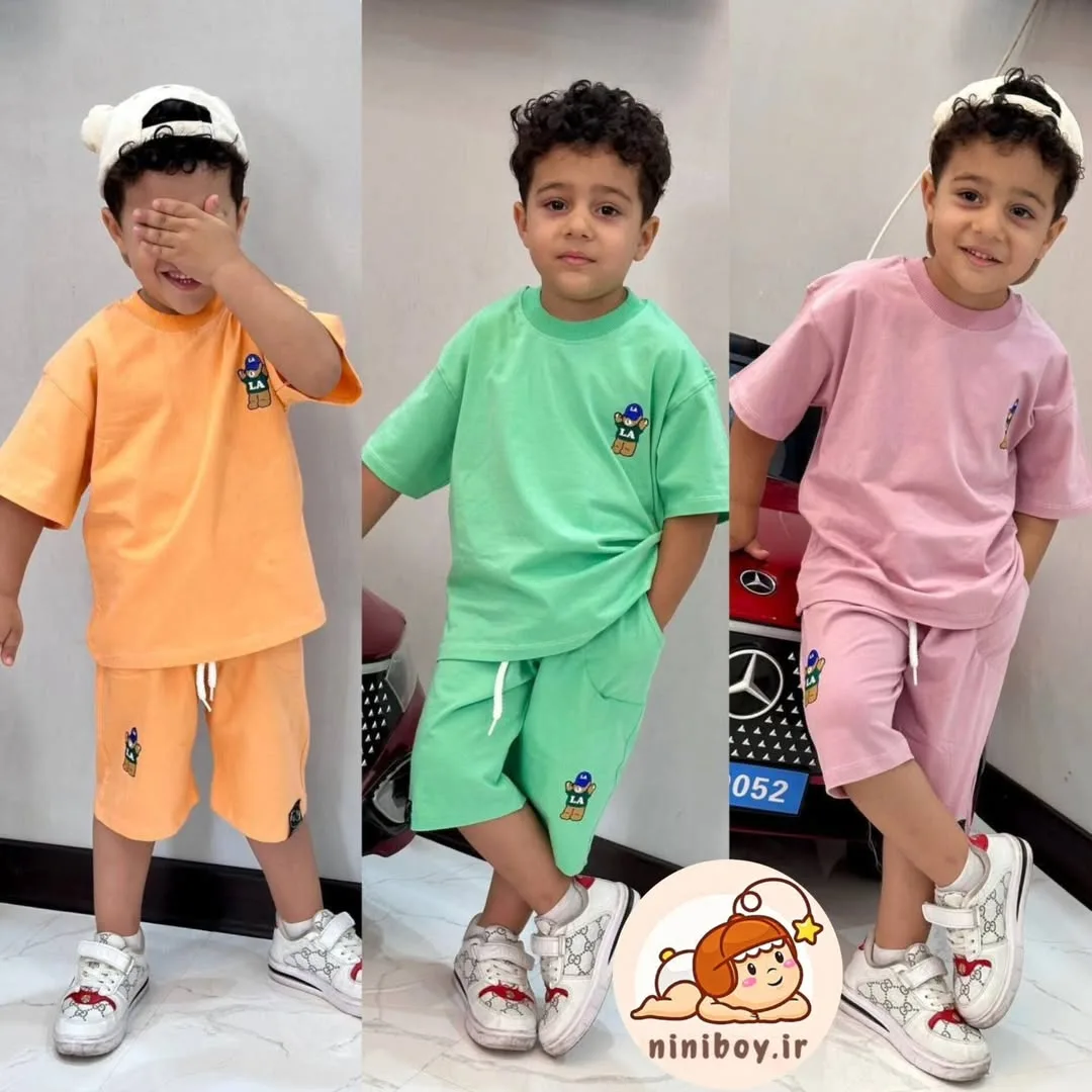 ست تیشرت و شلوارک تدی، رنگ نارنجی، سبز و صورتی، جنس کتان، کوتاه، یقه گرد، آستین کوتاه، آزاد