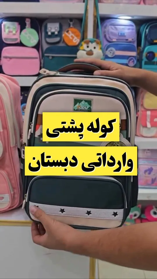 کوله پشتی مدرسه برزنت، رنگ سبز تیره و کرم، طرح هندسی، کولهپشتی مدارس جیبدار