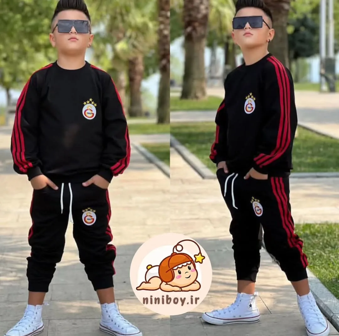 ست بلوز و شلوار بغل خط‌دار، رنگ مشکی و قرمز، آستین بلند یقه گرد