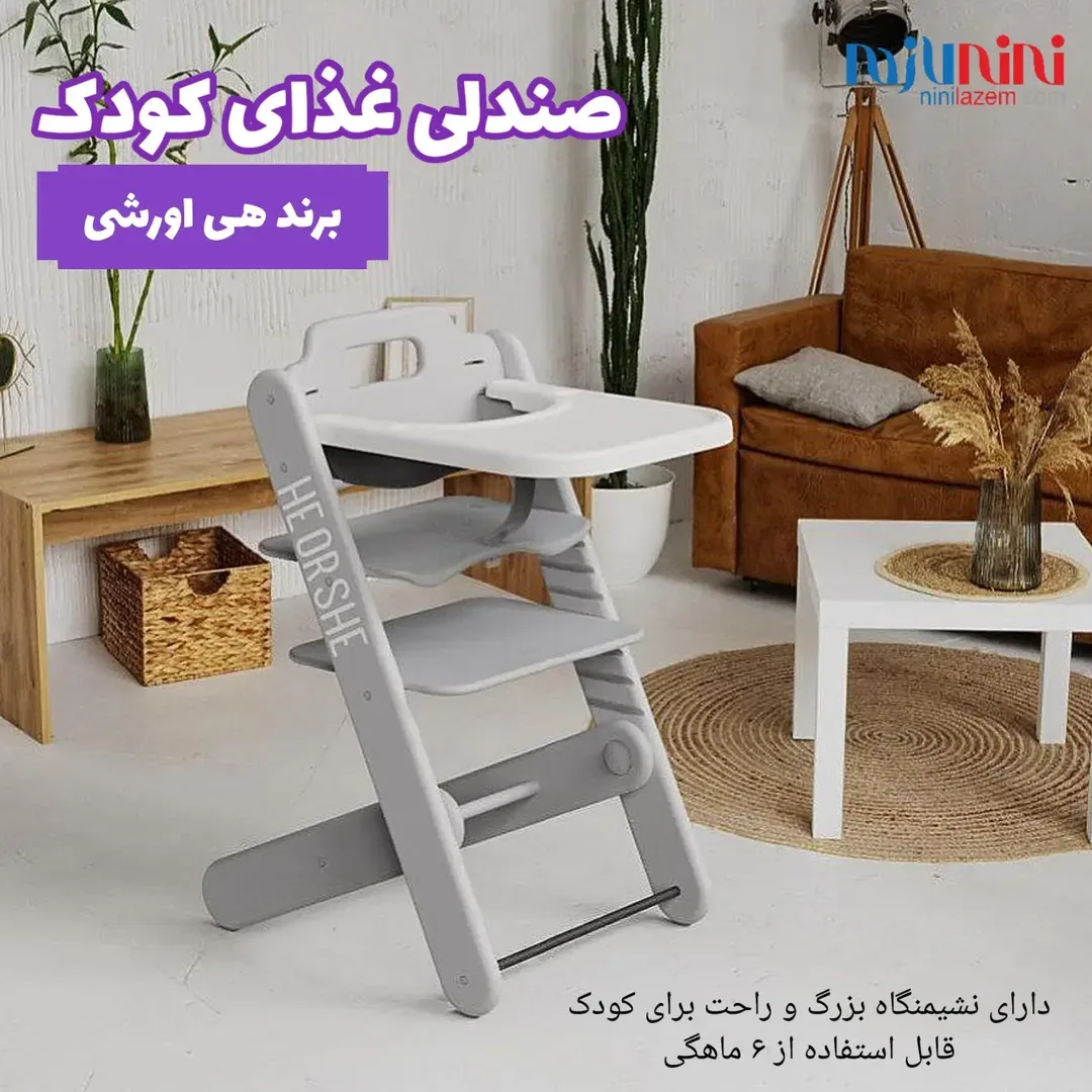صندلی غذاخوری کودک He or She، رنگ خاکستری و سفید، جنس پلاستیک و فلز، تاشو، دارای سینی
