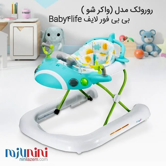روروئک واکر شو مدل هواپیما بی بی ۴ لایف، رنگ آبی، سبز و سفید، جنس پلاستیک و پارچه، طرح گلدار، مدل ماشین