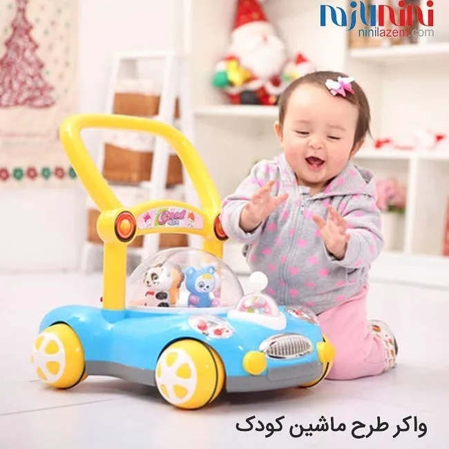 واکر ماشین کودک، رنگ آبی و زرد، جنس پلاستیک، طرح ماشین