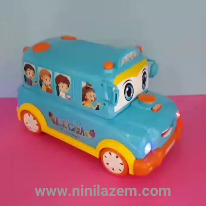 اسباب بازی اتوبوس موزیکال، رنگ آبی، زرد و نارنجی، جنس پلاستیک، طرح شخصیت کارتونی، اتوبوس بستنی‌فروشی