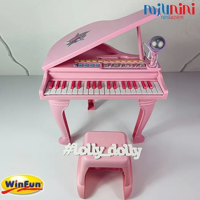 ست پیانو و میکروفون کودک Winfun، رنگ صورتی و سفید، جنس پلاستیک، طرح ستاره، پایه‌دار با میکروفون