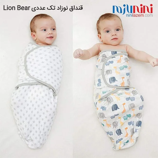 قنداق نوزادی چسبی تک عددی، رنگ سفید، خاکستری، آبی و زرد، طرح ستاره‌دار و طرح حیوانات، مدل تک عددی