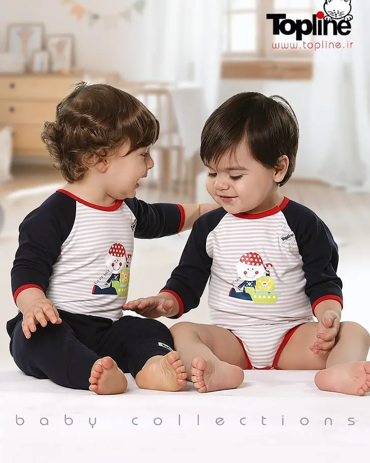 لباس کودک و نوزاد طرح دزد دریایی تاپ لاین، رنگ سرمه‌ای، سفید و قرمز، طرح راه‌راه و شخصیت کارتونی، آستین بلند، یقه گرد