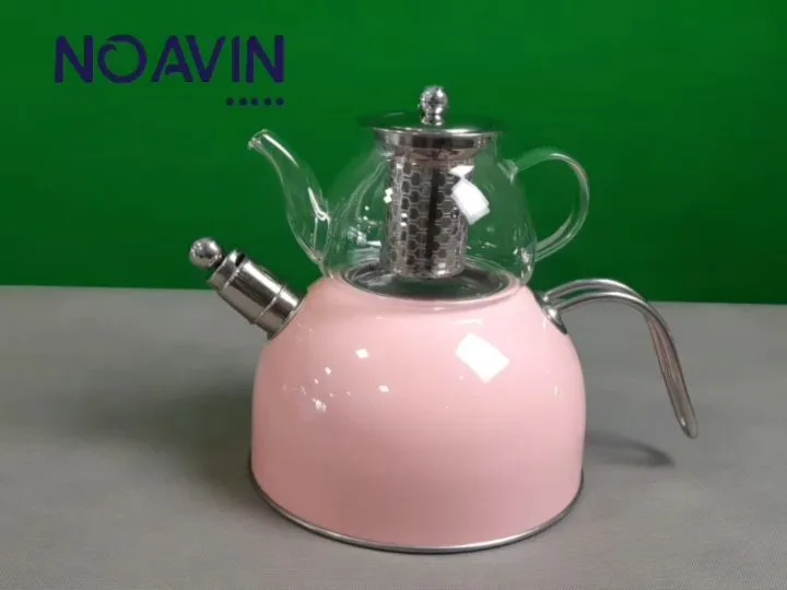 کتری و قوری سوتی استیل، رنگ صورتی و نقره‌ای، جنس فلز و شیشه، دوطبقه، با قوری شیشه‌ای