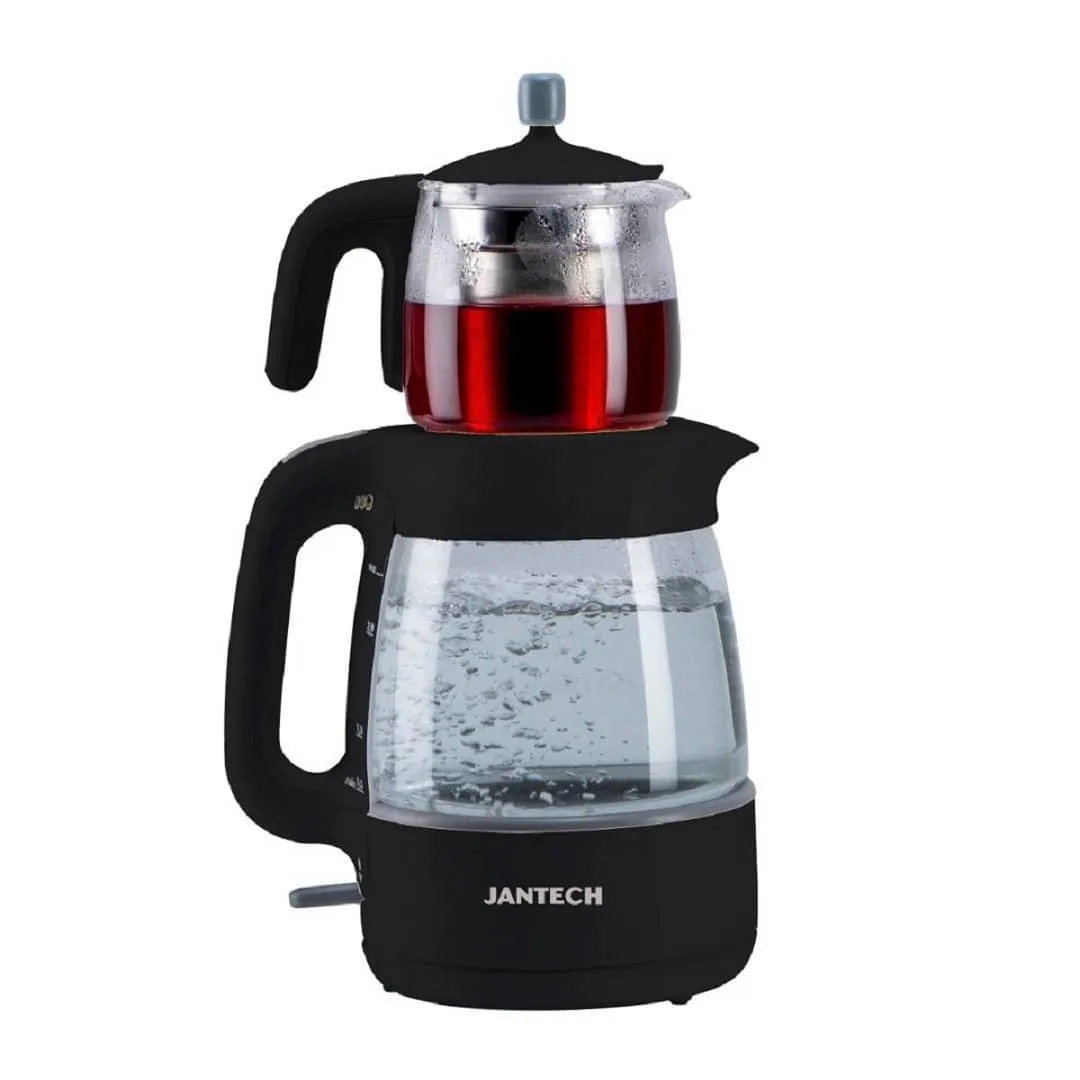 چای‌ساز TM070-W ژانتک، رنگ مشکی و شفاف، جنس شیشه و پلاستیک، دو طبقه، شیشه‌ای