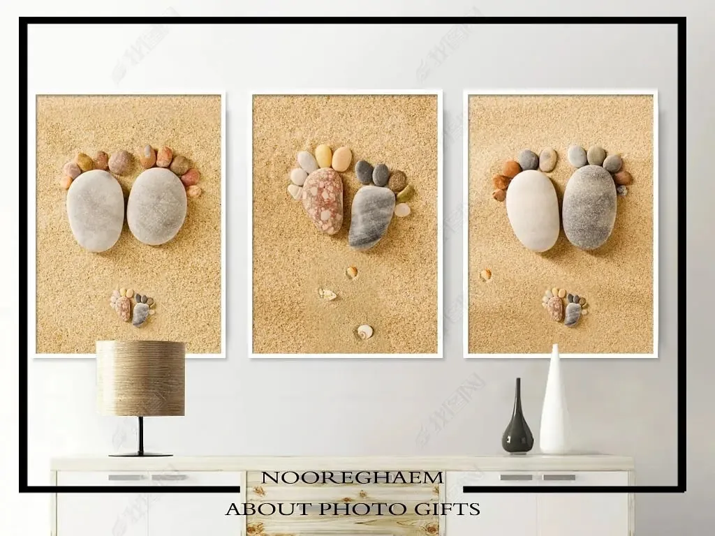 تابلو دکوراتیو طرح سنگ روی شن، رنگ کرم، خاکستری و قهوه‌ای، مجموعه‌ای، مستطیل