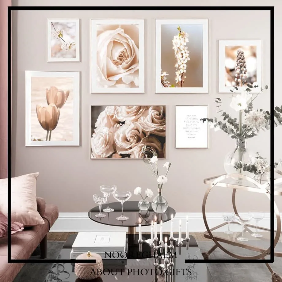 پکیج هفت‌تایی تابلو دیواری، رنگ کرم، سفید و نقره‌ای، مجموعه‌ی تابلو دکوراتیو