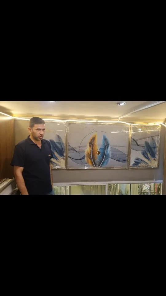 تابلو نقاشی، رنگ سفید، قهوهای و آبی، جنس چوب و پارچه، تابلوی دکوراتیو چندتکه