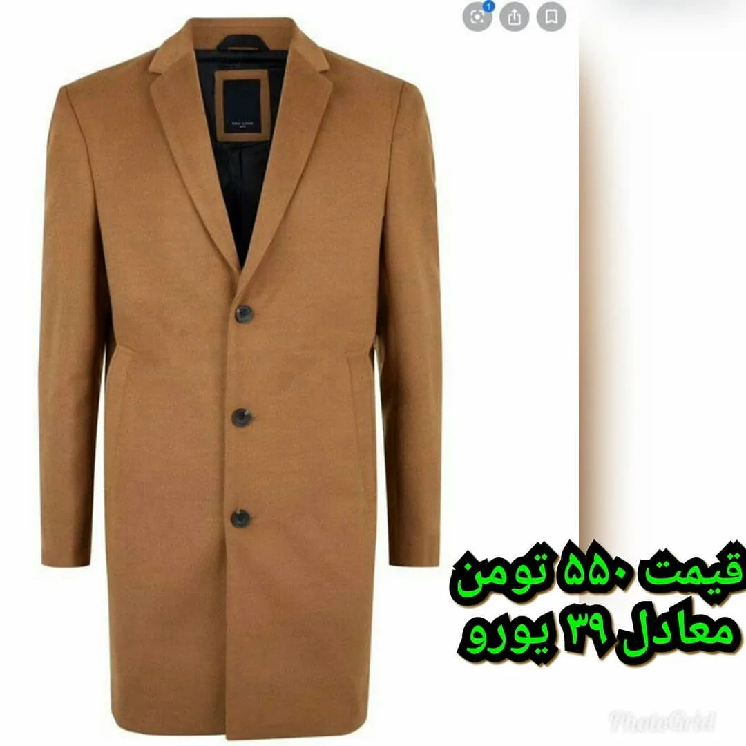 پالتو مردانه، رنگ قهوه‌ای روشن، جنس پشم، بلند، یقه برگردان، آستین بلند، معمولی