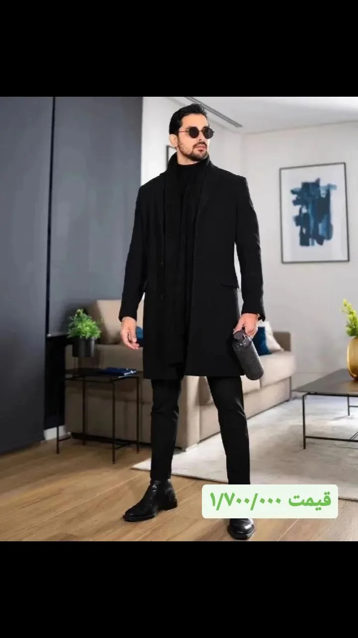 پالتو مردانه، رنگ مشکی، بلند، یقه انگلیسی، راسته