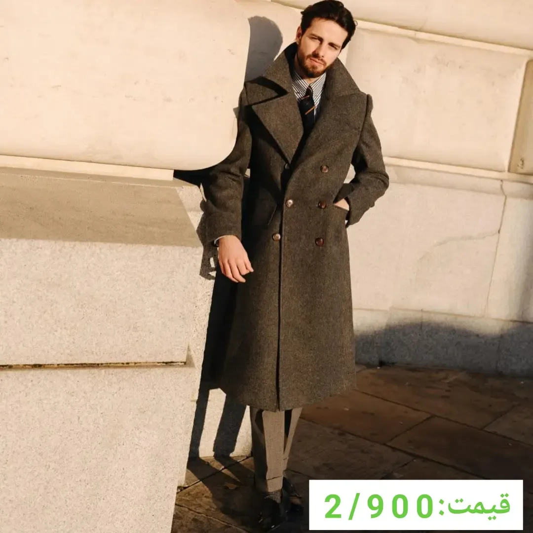 پالتو مردانه، رنگ خاکستری، جنس پشم، بلند، یقه انگلیسی، دبل‌برست