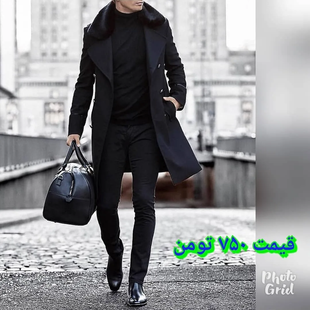 پالتو مردانه، رنگ مشکی، جنس چرم، بلند، یقه ایستاده، جذب