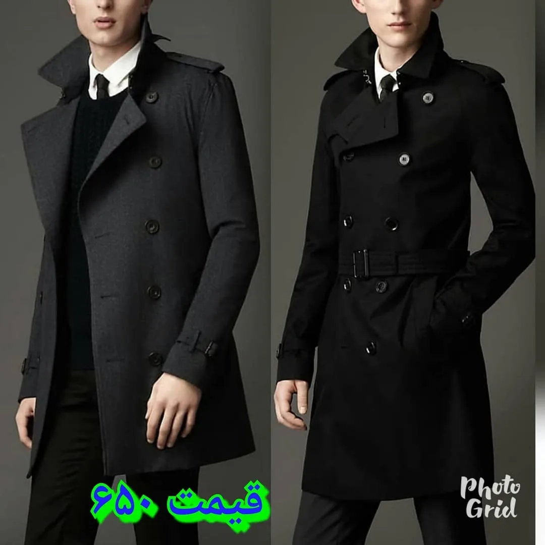 پالتو مردانه محمدی، رنگ طوسی تیره و مشکی، جنس فوتر، بلند، یقه انگلیسی، دبل برست، جذب