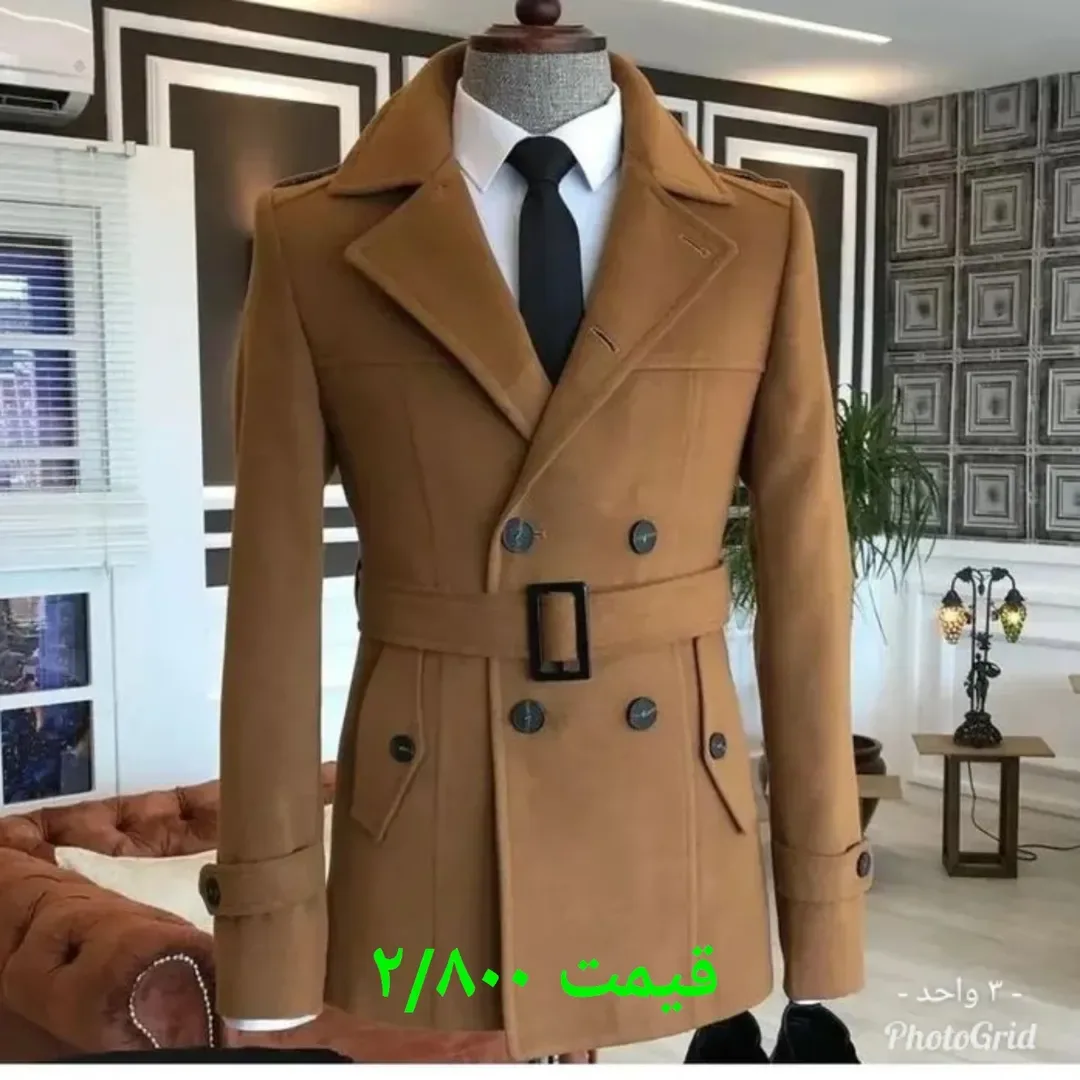 نیم‌پالتو، رنگ قهوه‌ای شتری، بلند، کمربنددار، دکمه دوبل