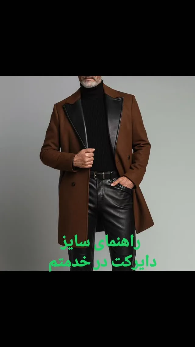پالتو فوتر با یقه چرمی، رنگ قهوه‌ای و مشکی، بلند، یقه پهن، آستین بلند