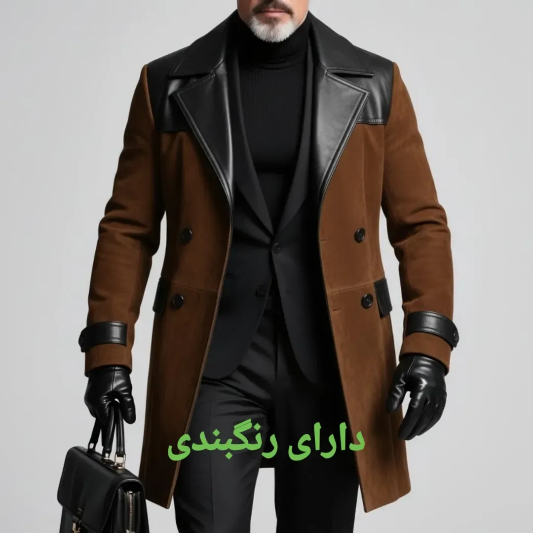 پالتو دوردیفه یقه و سرآستین چرمی، رنگ قهوهای و مشکی، بلند، دبل برست، یقه انگلیسی