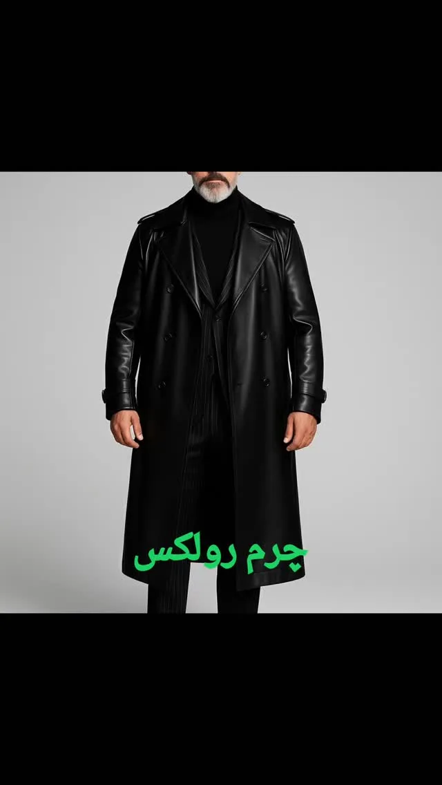 پالتو بلند چرم رولکس مردانه، رنگ مشکی، دبل برست، یقه انگلیسی