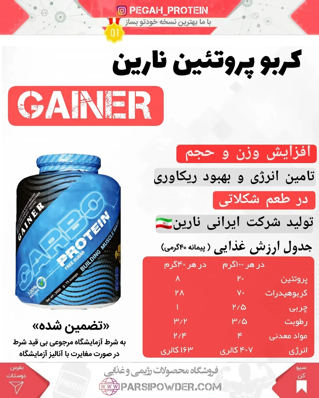 کربو پروتئین گینر پگاه، رنگ آبی، سیاه و سفید، جنس پلاستیک، طرح هندسی، قوطی مکمل