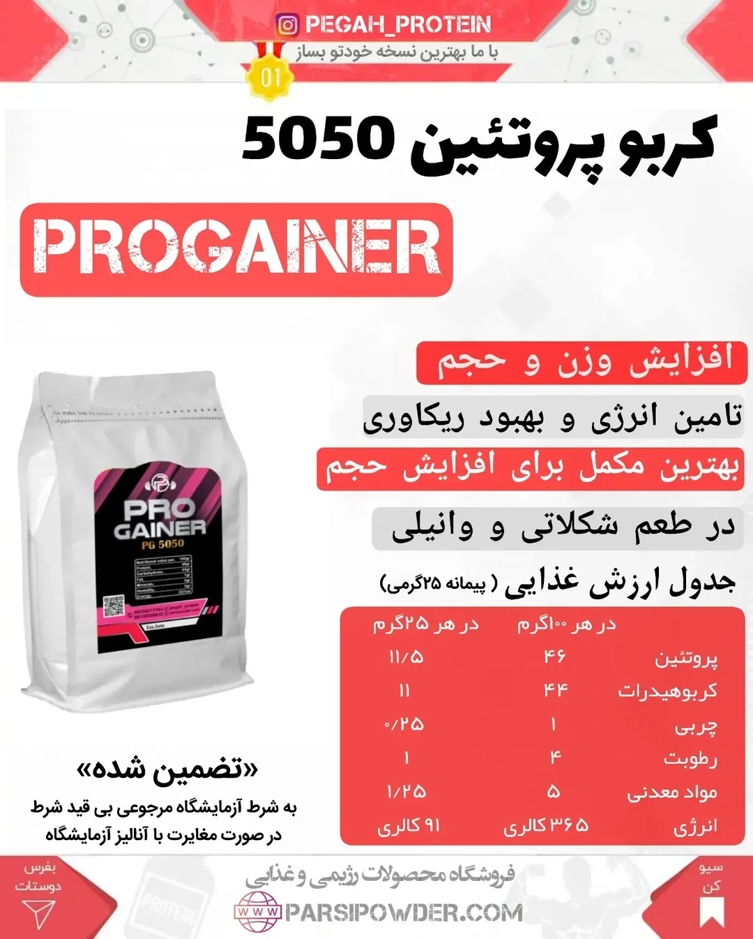 پودر پروتئین گینر پرو گینر، رنگ سفید و صورتی، جنس پلاستیک، کیسه ایستاده