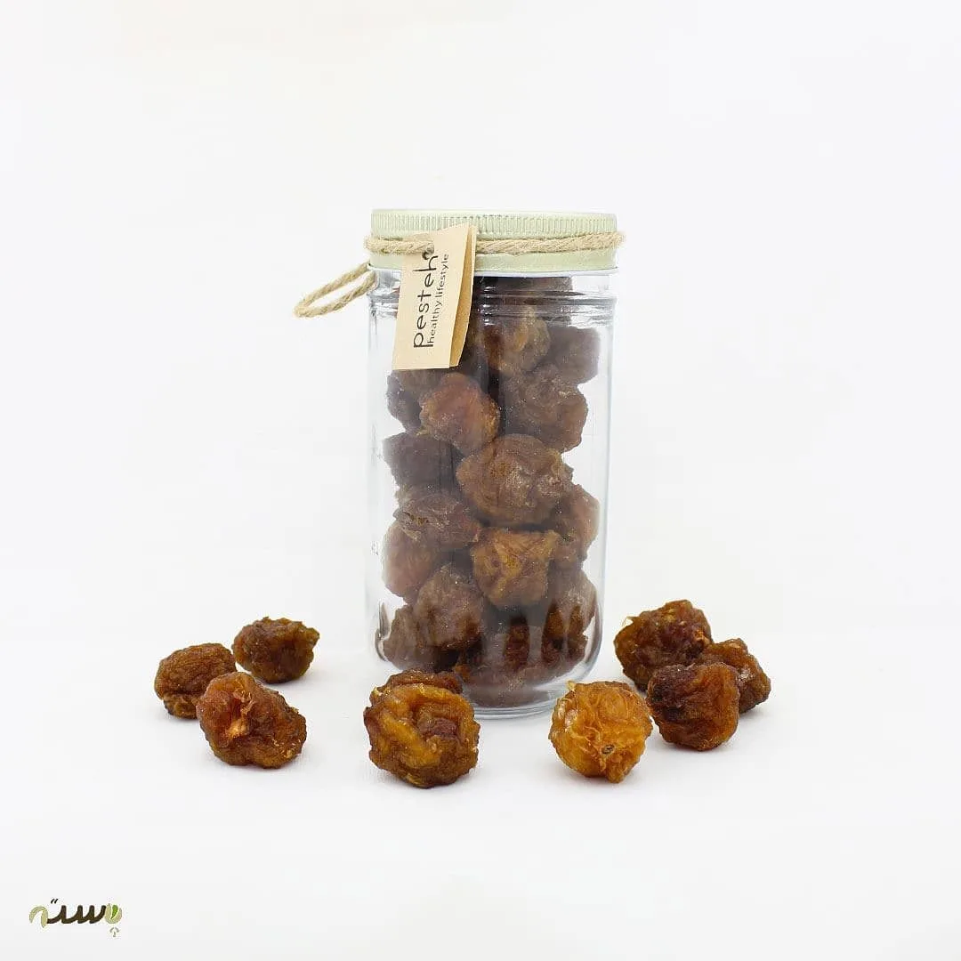 آلو بخارا خورشتی ۲۵۰ گرمی، رنگ قهوه‌ای و کرم، شیشه استوانه‌ای