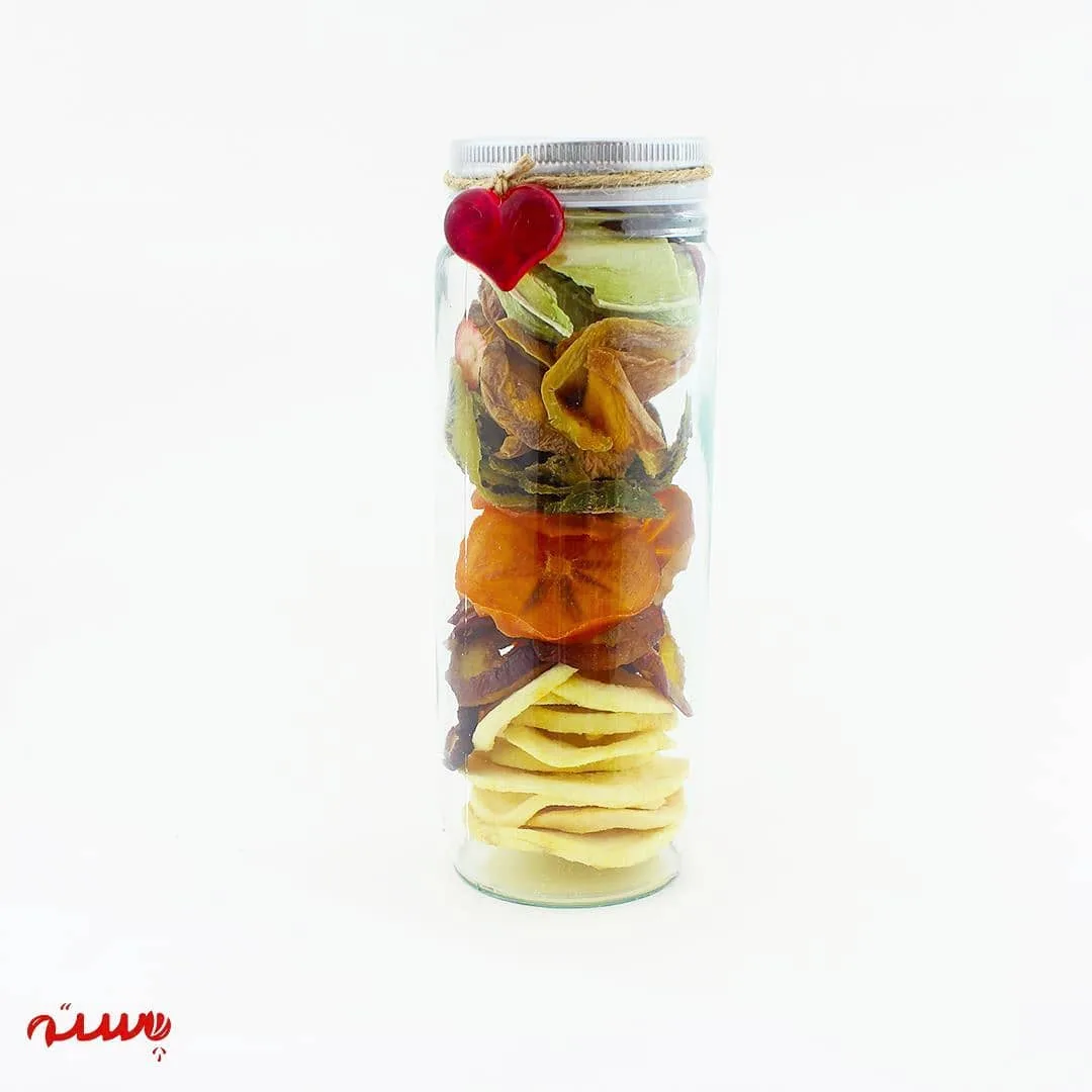 مخلوط میوه خشک شیشه‌ای، رنگ زرد، نارنجی و سبز، شیشه استوانه‌ای