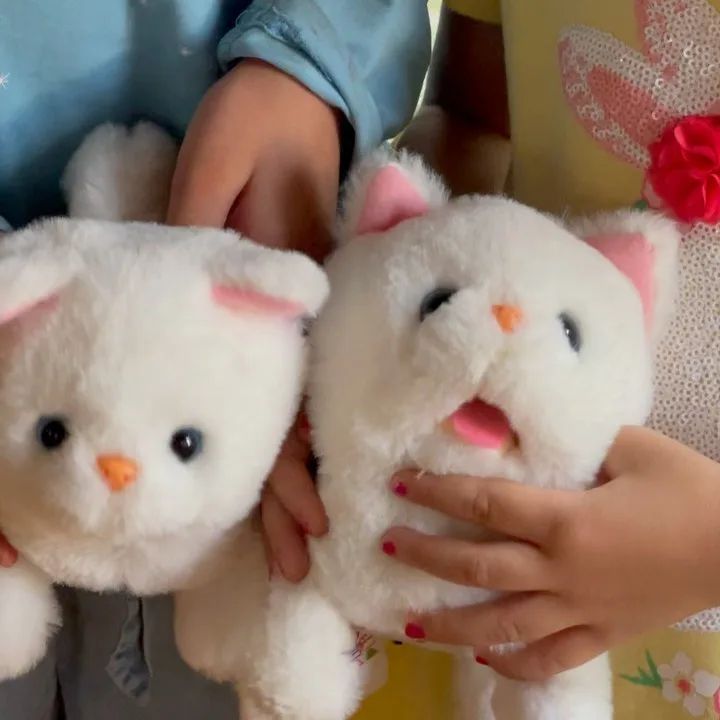 عروسک پولیشی گربه موزیکال Casper، رنگ سفید، خاکستری و قهوه‌ای، طرح پلنگی، عروسک حیوانات