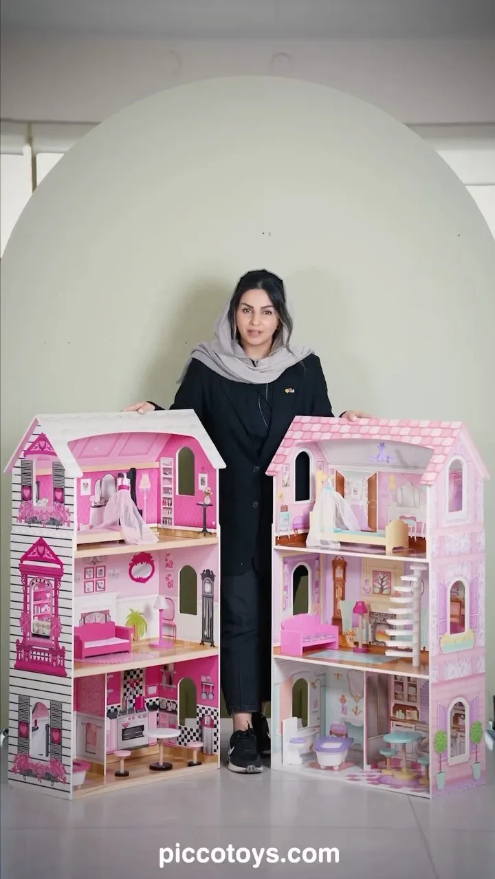 خانه عروسکی چوبی مدل Bonita Kidkraft، رنگ صورتی و سفید، چند طبقه، ویلایی