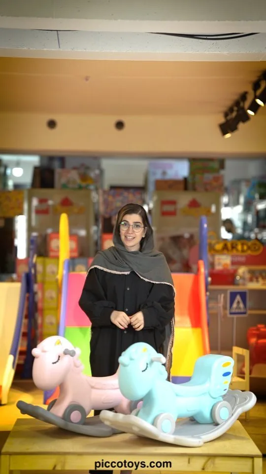 الاکلنگ کودک سه کاره اسب پونی، رنگ صورتی، آبی و خاکستری، جنس پلاستیک، اسب راکر پلاستیکی