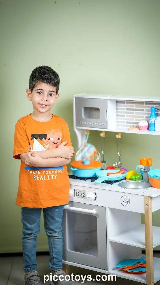 آشپزخانه کودک چوبی کیدکرافت KidKraft، رنگ سفید و نارنجی، جنس پلاستیک، ست آشپزخانه چوبی